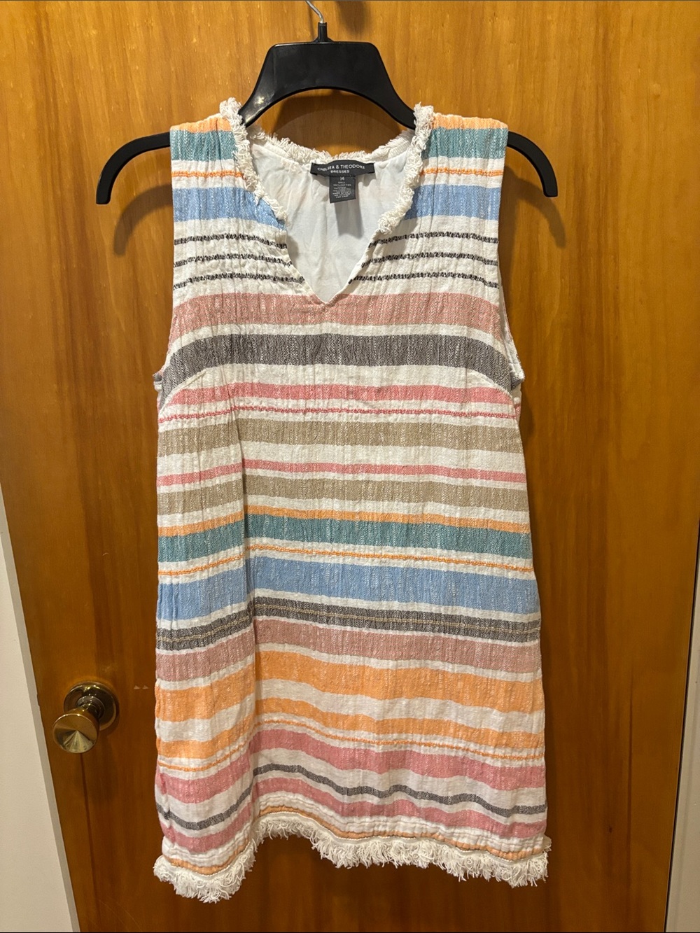 Chelsea & Theodore Striped Sleeveless V-Neck Dress in Blue, Pink, Orange, Cream
